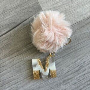 Initial M, Capital Letter M, Keychain With Pom-Pom, Gold, White, Clear